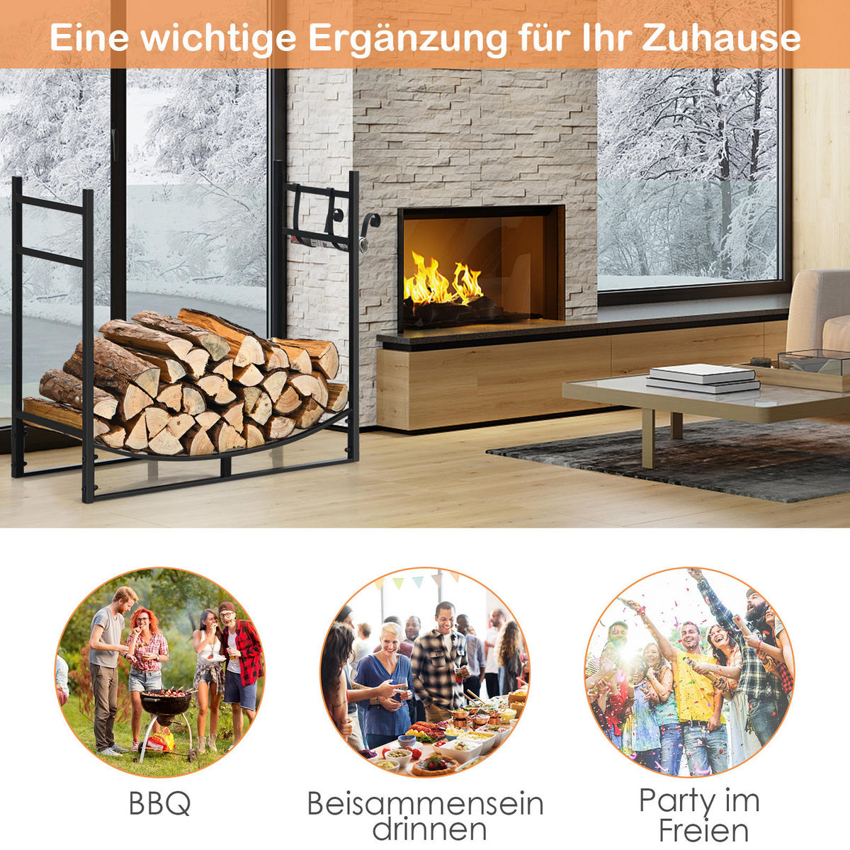 KAMINHOLZREGAL Schwarz - Schwarz, Metall (33/76/84cm) - COSTWAY