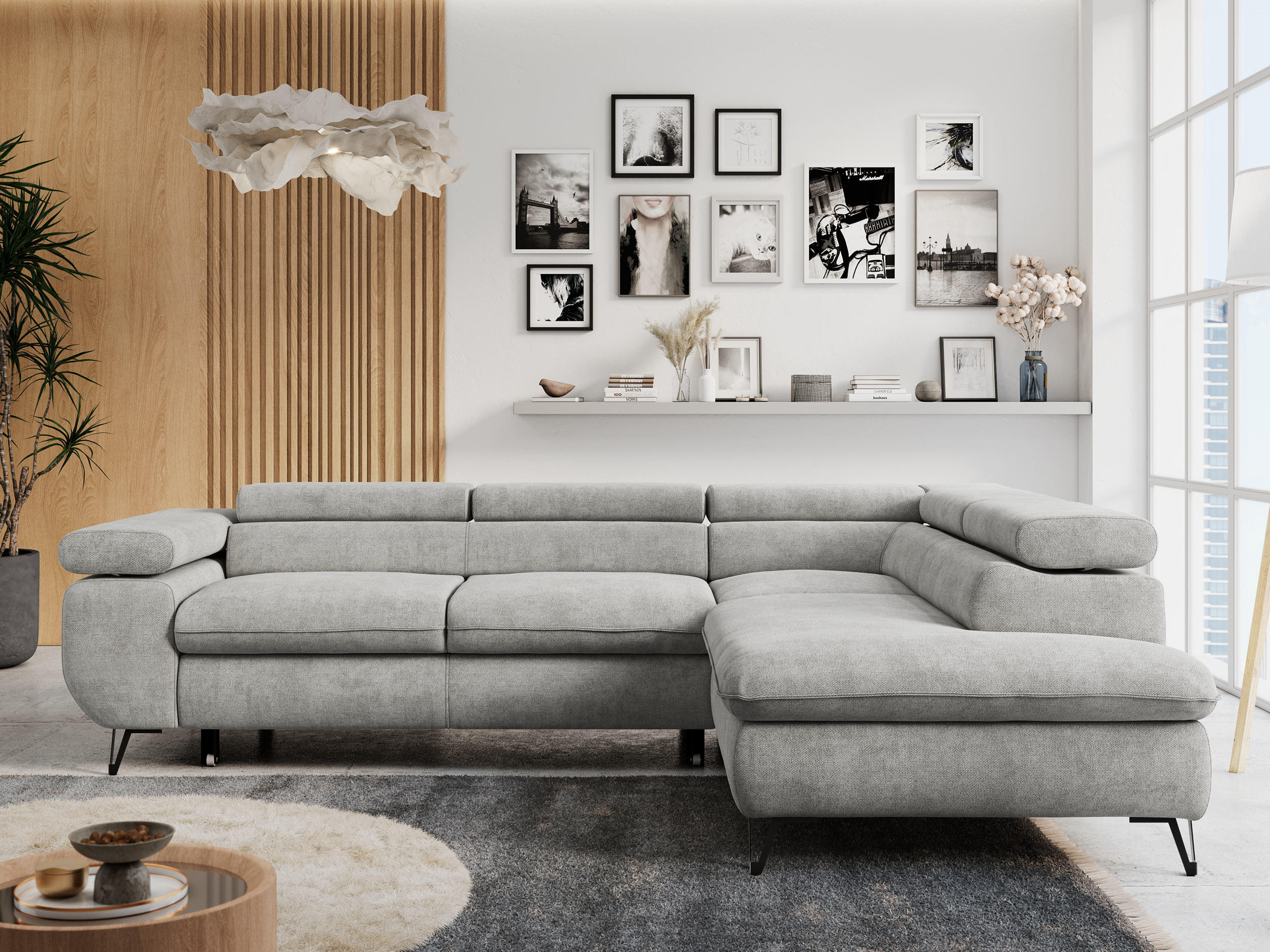 ECKSOFA PETER L Hellgrau Struktur - Rechts Seite - Hellgrau/Schwarz, Textil/Metall (273/208cm) - MKS