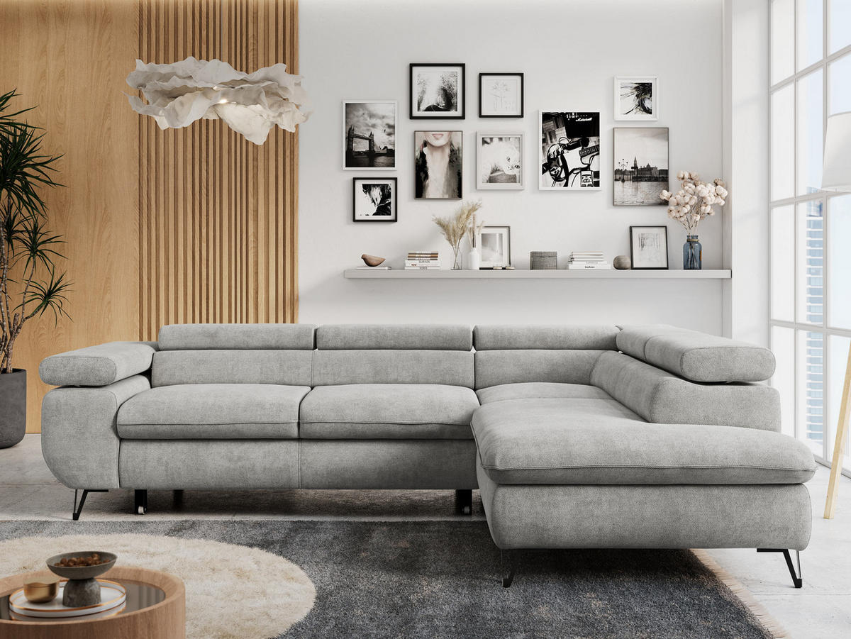 ECKSOFA PETER L Hellgrau Struktur - Rechts Seite - Hellgrau/Schwarz, Textil/Metall (273/208cm) - MKS
