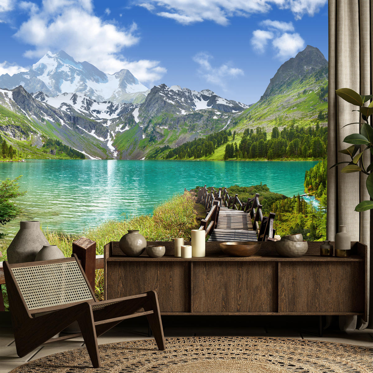 FOTOTAPETA Pre Obývaciu Izbu Drevené Mólo Horské Jazero Rastliny Pokoj 500 x 350 cm - hnedá/modrá, papier (500/350cm) - Muralo