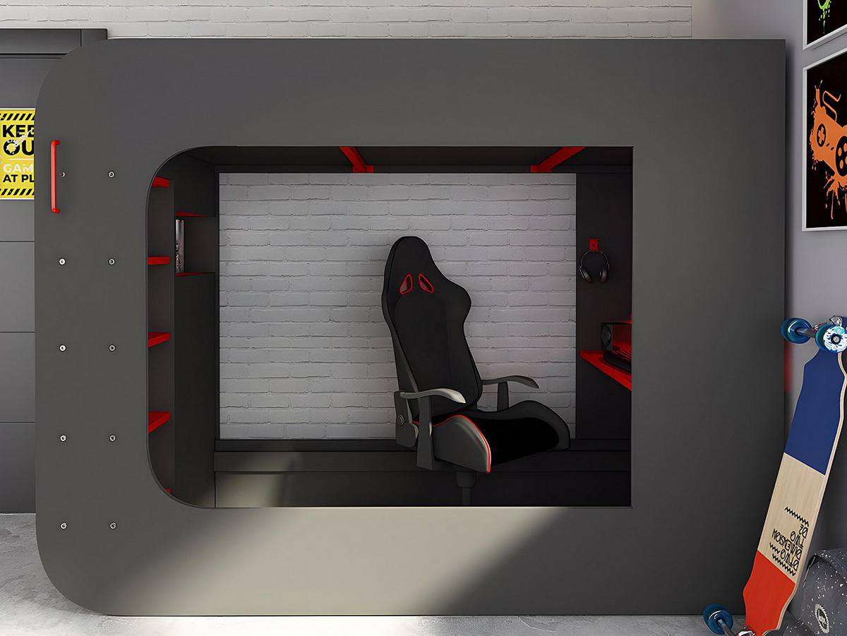 HOCHBETT mit Gaming-Schreibtisch & Stauraum & Matratze + LEDs - 90 x 200 cm - Anthrazit & Rot - WARRIOR - Anthrazit, Holz (97.6/238.1cm) - Vente-Unique