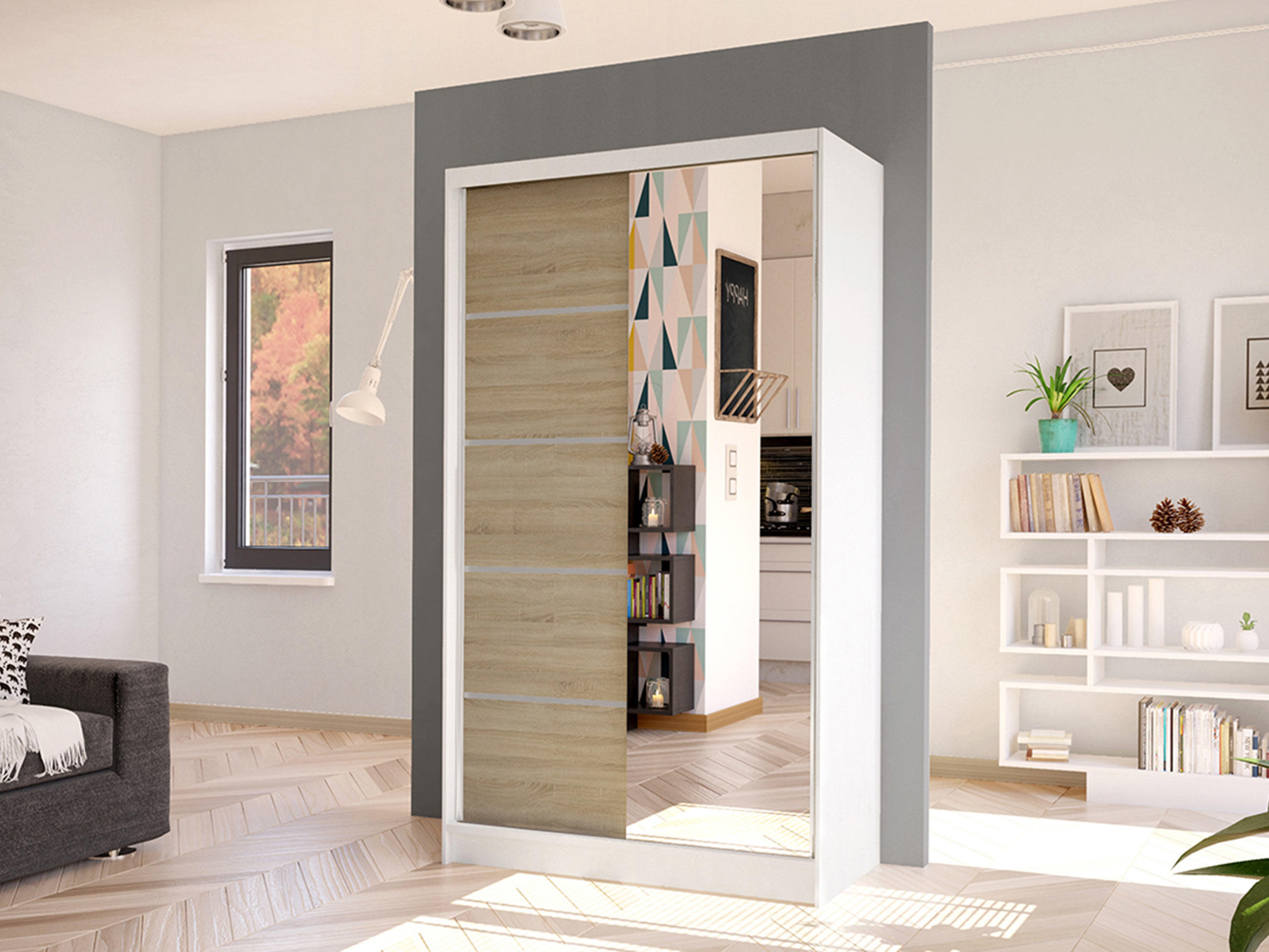 SCHWEBETÜRENSCHRANK Diego III - Weiß/Sonoma Eiche, Holzwerkstoff/Metall (100/200/58cm) - MIRJAN24