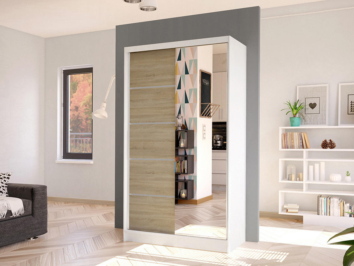 SCHWEBETÜRENSCHRANK Diego III - Weiß/Sonoma Eiche, Holzwerkstoff/Metall (100/200/58cm) - MIRJAN24