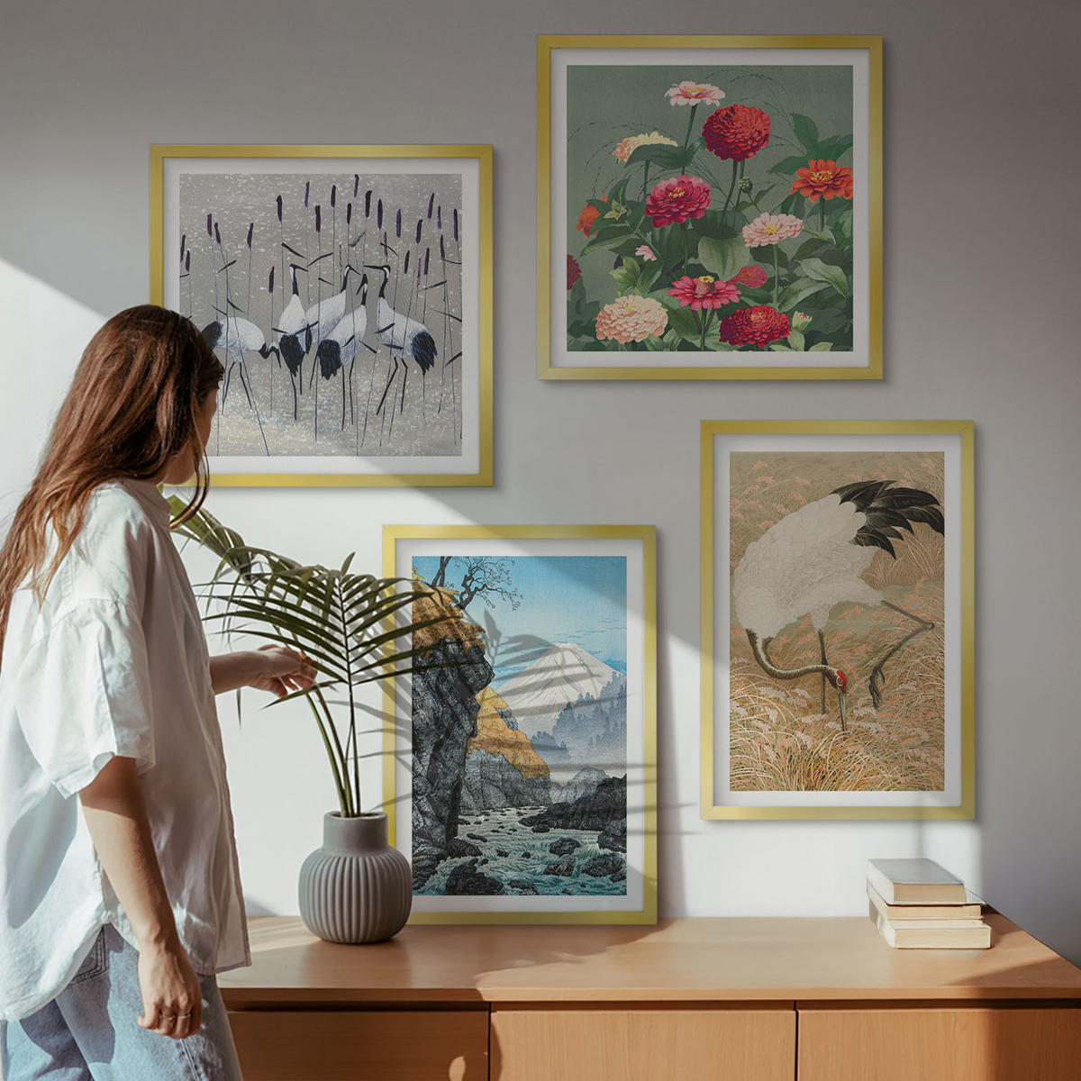 WANDBILDER 4er Set - 50x50 cm & 40x60 cm Goldrahmen - Berge, Fluss, Blumen, Kraniche - Goldfarben, Kunststoff (50/50cm) - ArtPrintCave