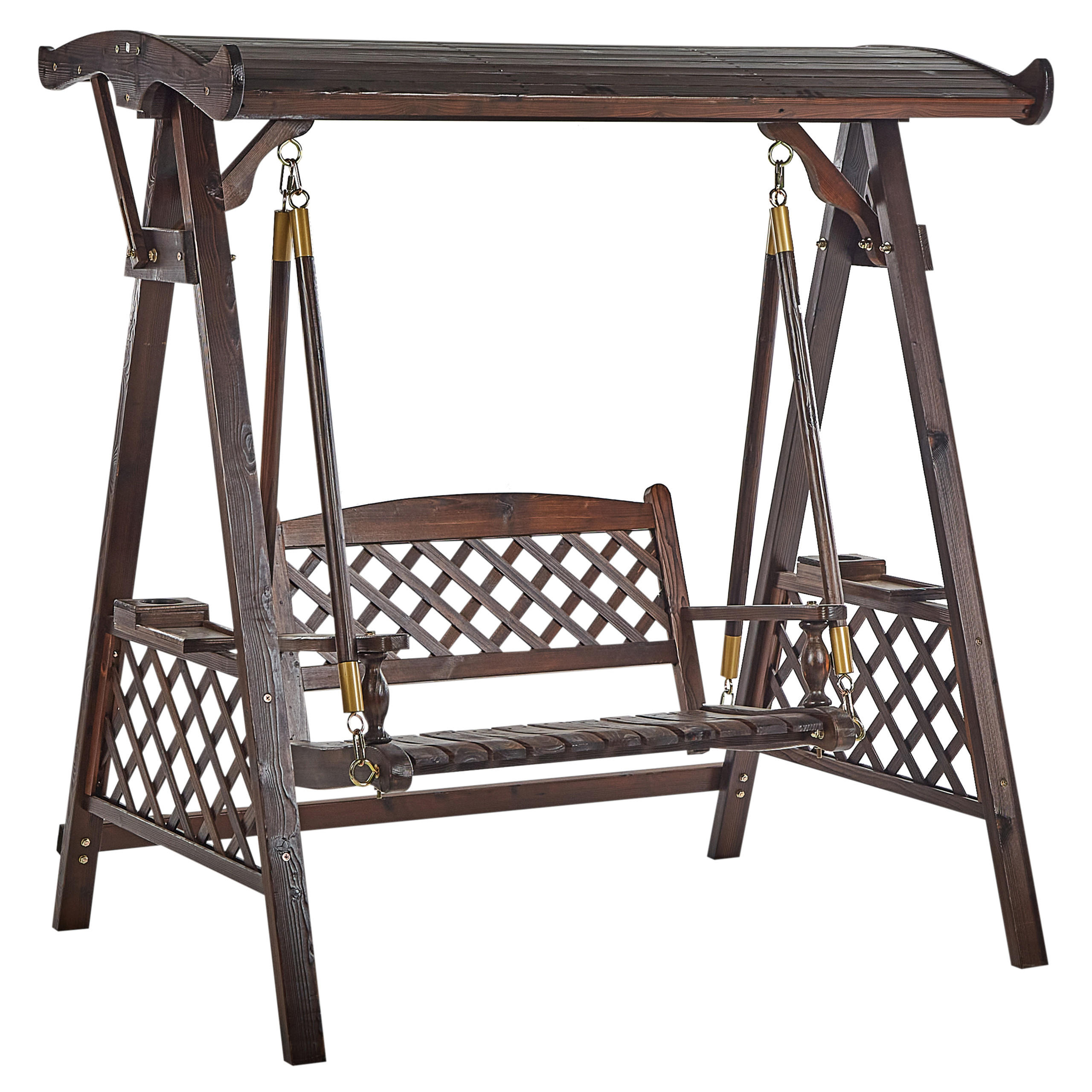 HOLLYWOODSCHAUKEL 2-Sitzer Dunkler Holzfarbton Senarica - Dunkelbraun/Goldfarben, Holz (170/177/118cm) - Beliani