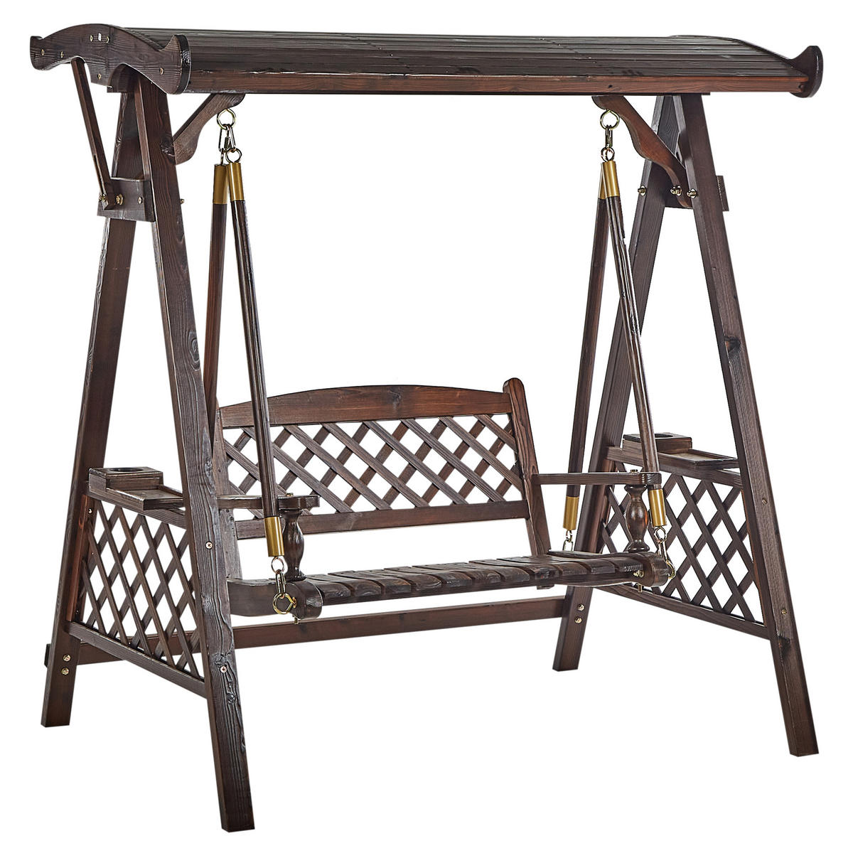 HOLLYWOODSCHAUKEL 2-Sitzer Dunkler Holzfarbton Senarica - Dunkelbraun/Goldfarben, Holz (170/177/118cm) - Beliani