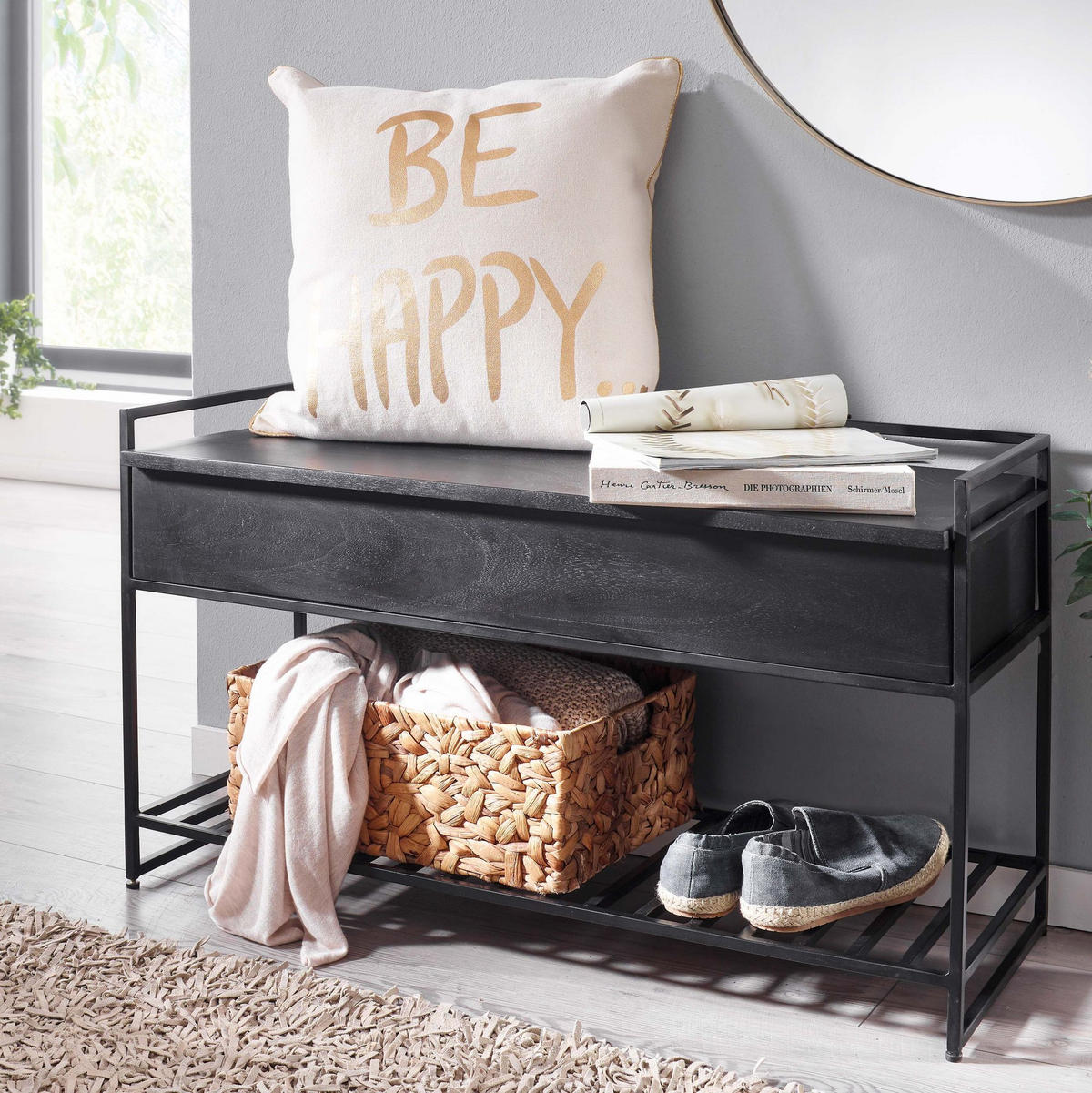 FLURBANK Holz Metall Sitzfläche hochklappbar, Schwarz 90x38x52 cm - Schwarz, Holz/Metall (90/52/38cm) - KADIMA DESIGN