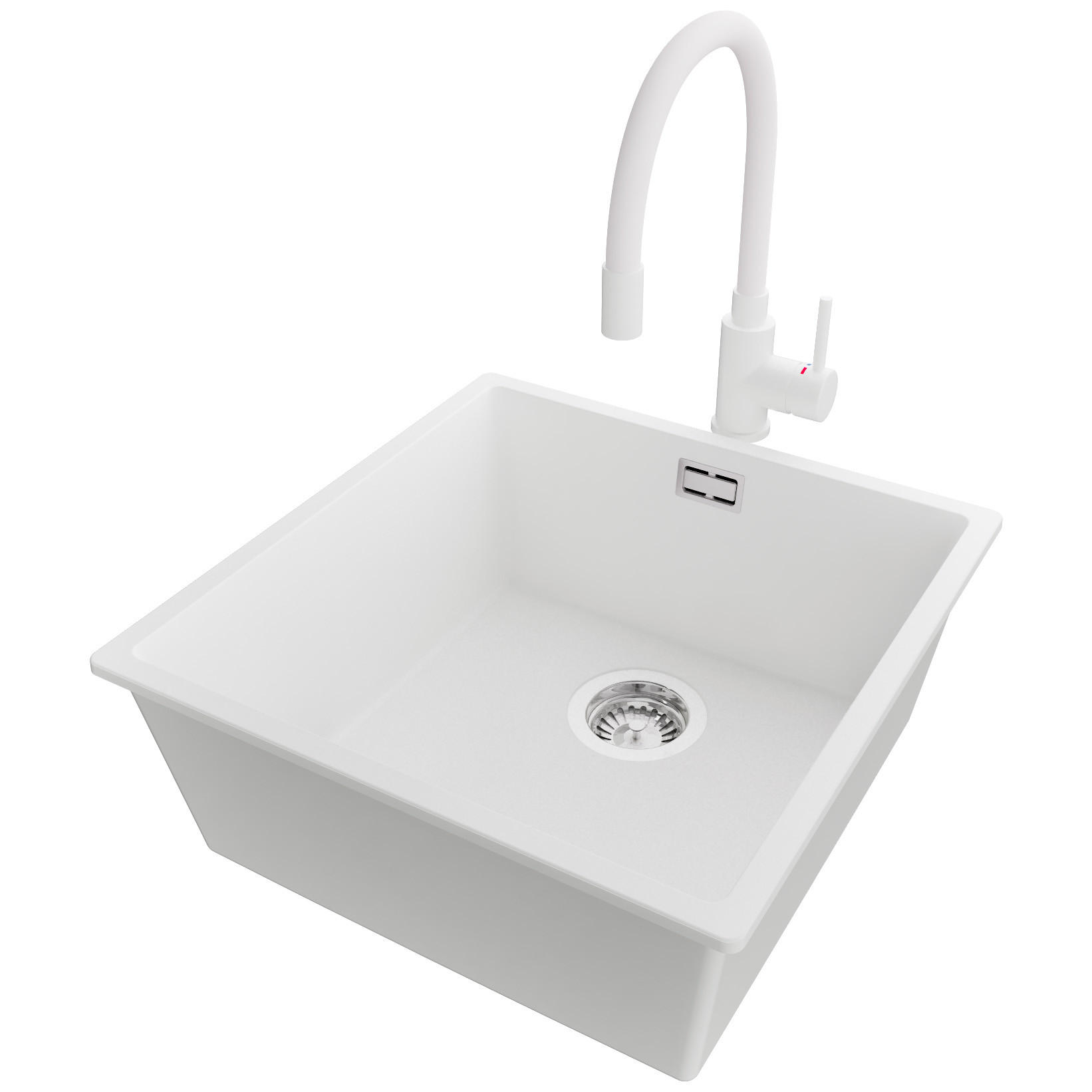 UNTERBAUSPÜLE GRANIT London, 2-er set Weiß 46/47 cm 1 Becken + Küchenarmatur 38/14 cm + Ablauf-Set ab 50er Unterschrank - Chromfarben/Weiß, Kunststoff (46/20/47cm) - Primagran