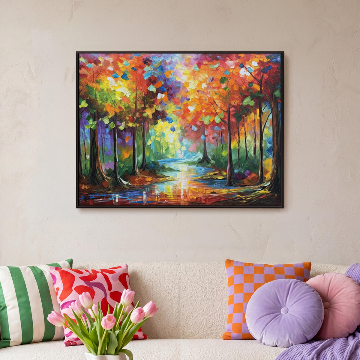 LEINWAND Bilder mit Rahmen - Landschaft - Wald - Farben - Natur - 80x60 - Multicolor, Textil (80/60cm) - MuchoWow