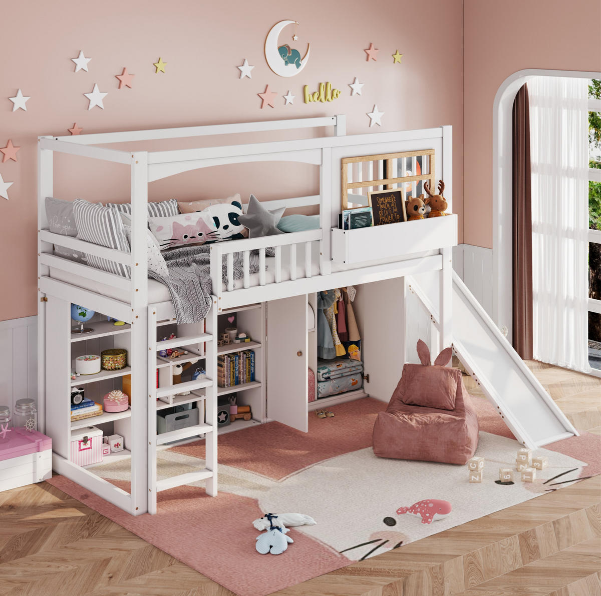 ETAGENBETT 90/200 cm Weiß mit Rutsche und Kleiderschrank aus Kiefer und MDF - Weiß, Holzwerkstoff (90/200cm) - OKWISH