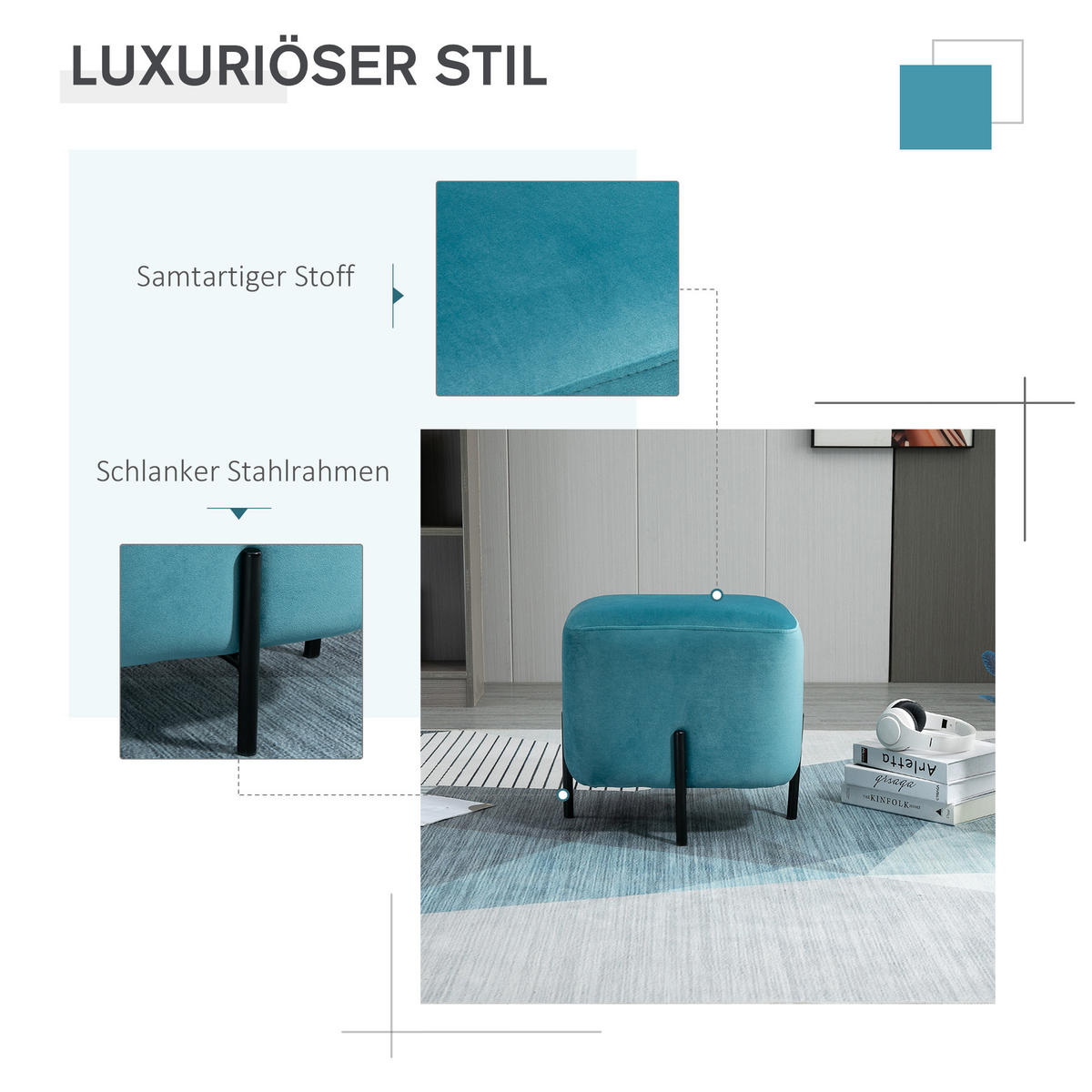 FUSSHOCKER Fußstütze für Wohnzimmer gepolstert Polyester Stahl Türkis - Türkis, Kunststoff (44.5/41.5/44.5cm) - HOMCOM