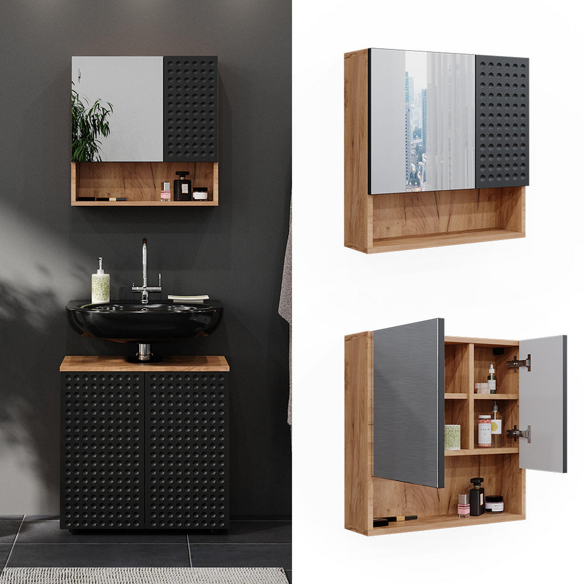 BADSPIEGELSCHRANK Irma Anthrazit gepunktet 54 x 55 cm - Honigeiche/Anthrazit, Holzwerkstoff (54/55/16.9cm) - Vicco