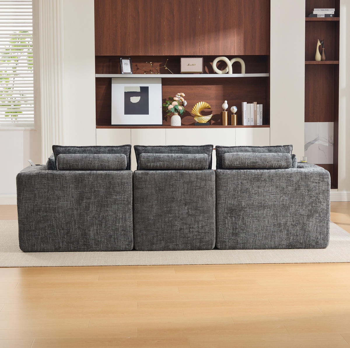 ECKSOFA 256/161/75 cm dunkelgrau aus Chenille mit Kissen und Seitentaschen - Dunkelgrau, Textil (161/256cm) - OKWISH