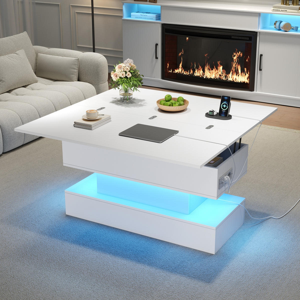 COUCHTISCH 100x50x51.5 cm Weiß LED Lift USB Steckdose Stauraum - Weiß, Holzwerkstoff (100/50/51.5cm)