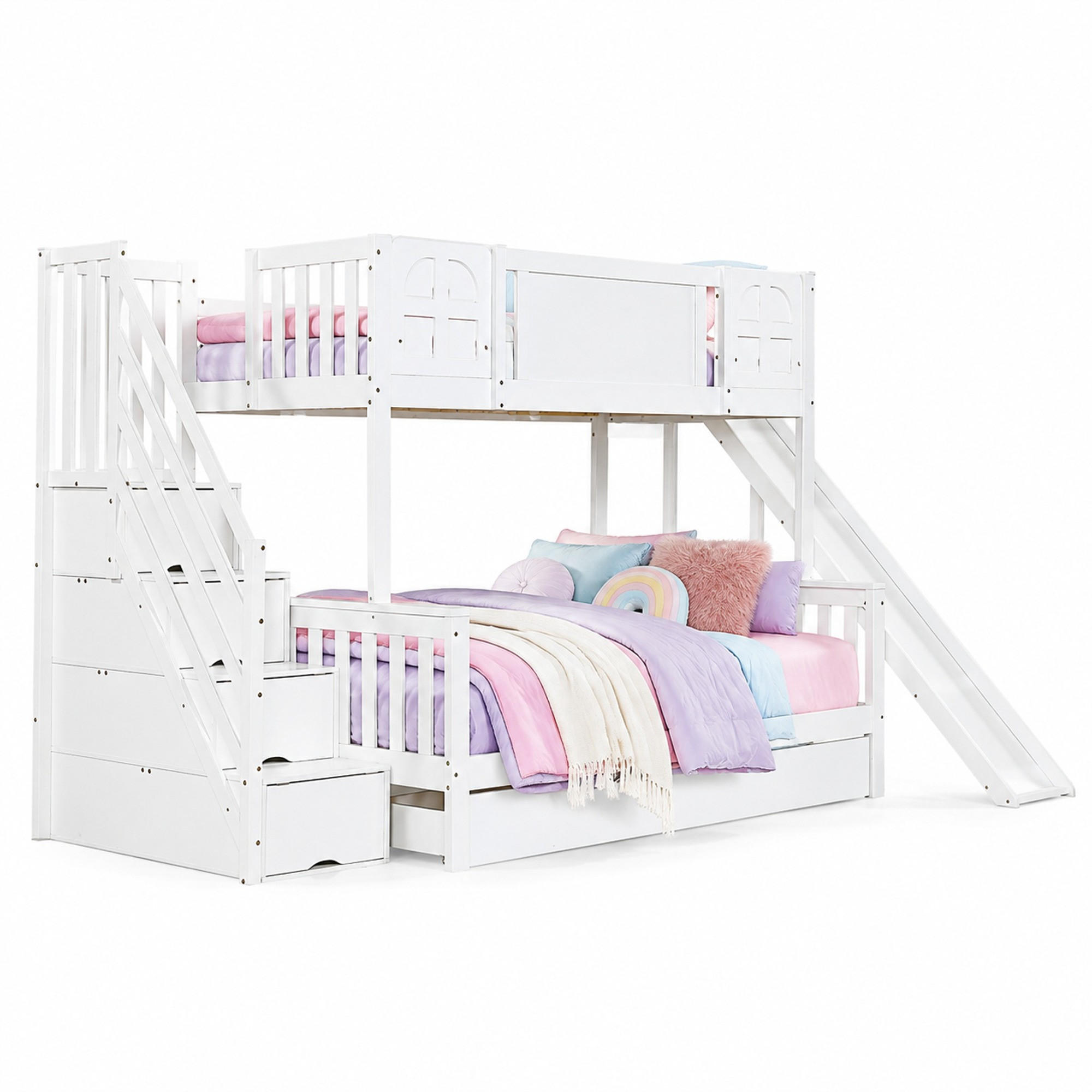 ETAGENBETT 90/200 mit Rutsche, Stauraumtreppe und Schubladen - Weiß, Holzwerkstoff (90/200cm) - EVRYAE