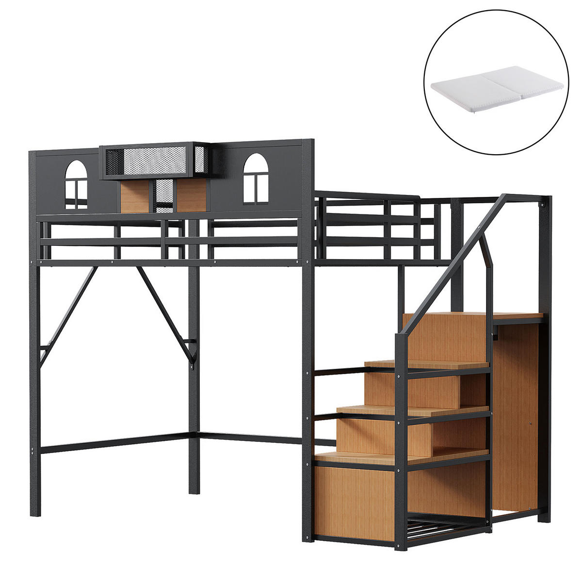 HOCHBETT 140/200 cm schwarz mit Stauraumleiter und Ablagefläche mit Matratze - Schwarz, Metall (140/200cm) - OKWISH