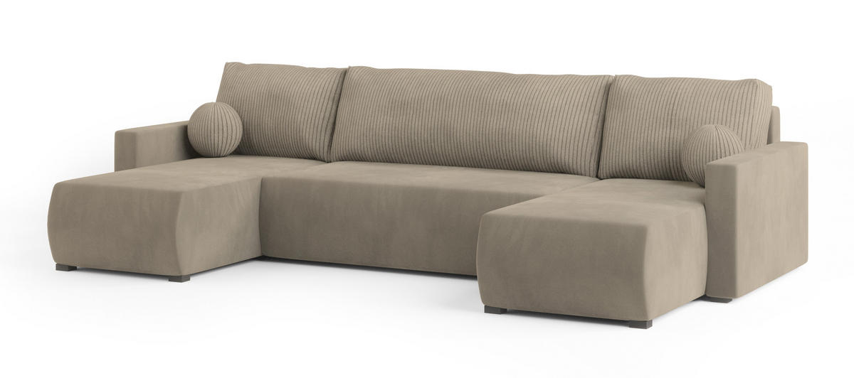 WOHNLANDSCHAFT TESSUN Beige Plüsch-Stoff mit Schlaffunktion - Beige, Holz (286/85/143cm) - MASSENO
