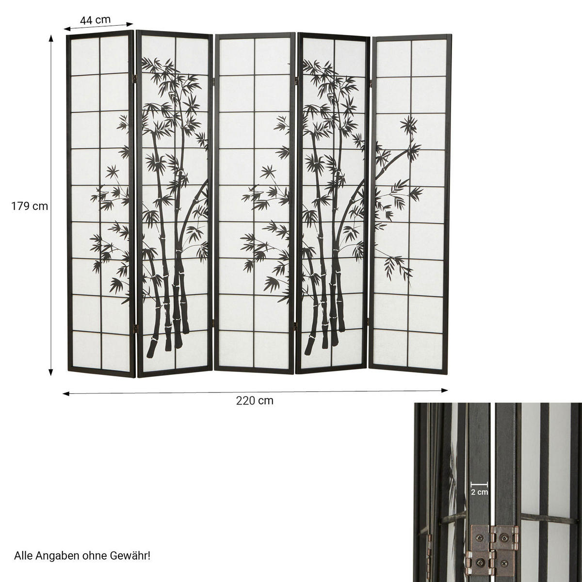 PARAVENT 5-tlg. 220/179 cm Schwarz Bambusmuster - Schwarz, Holz (220/179/2cm) - Homestyle4u