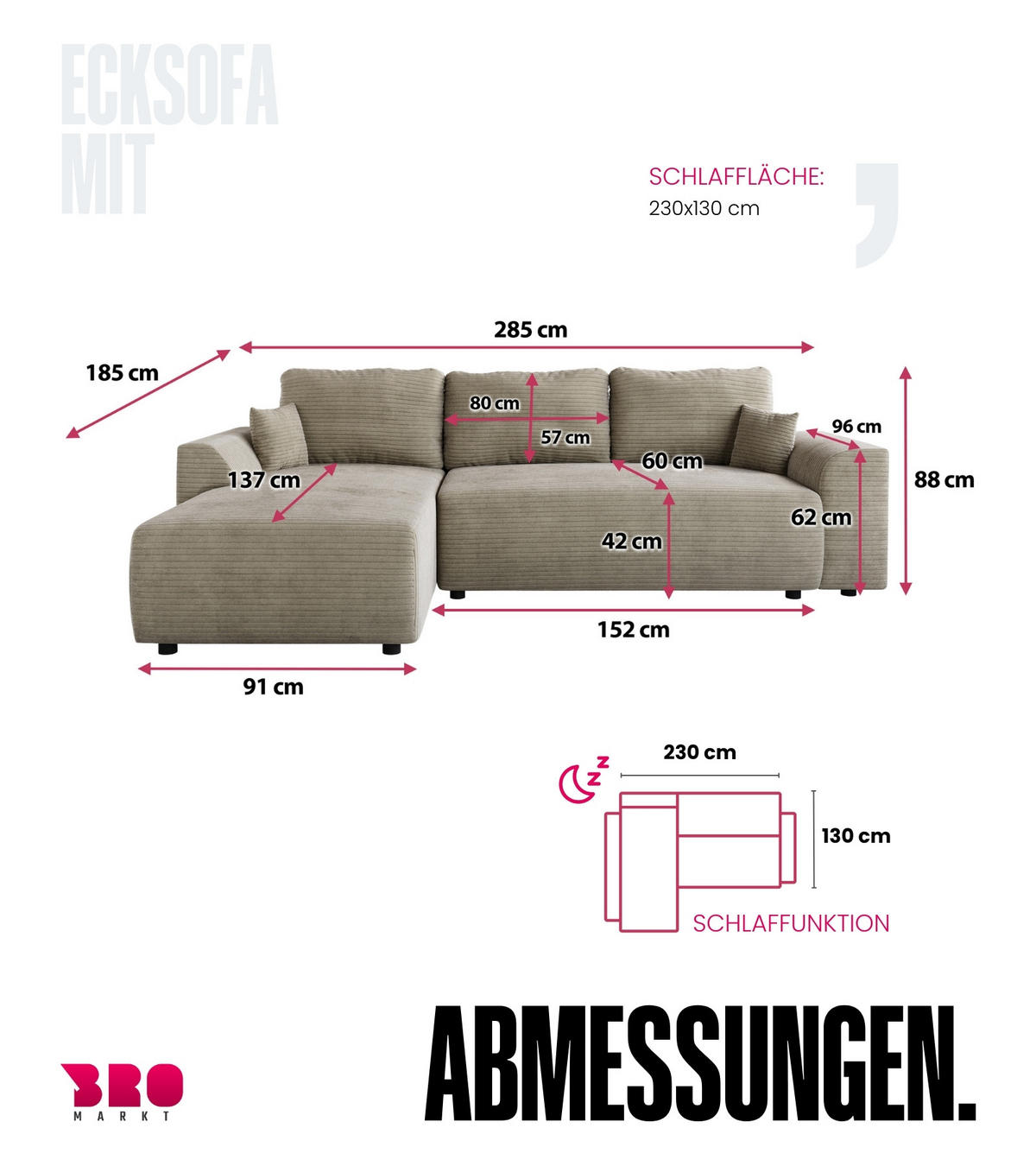 ECKSOFA Romeo mit Schlaffunktion Beige - Beige, Textil (285/185cm) - Bromarkt