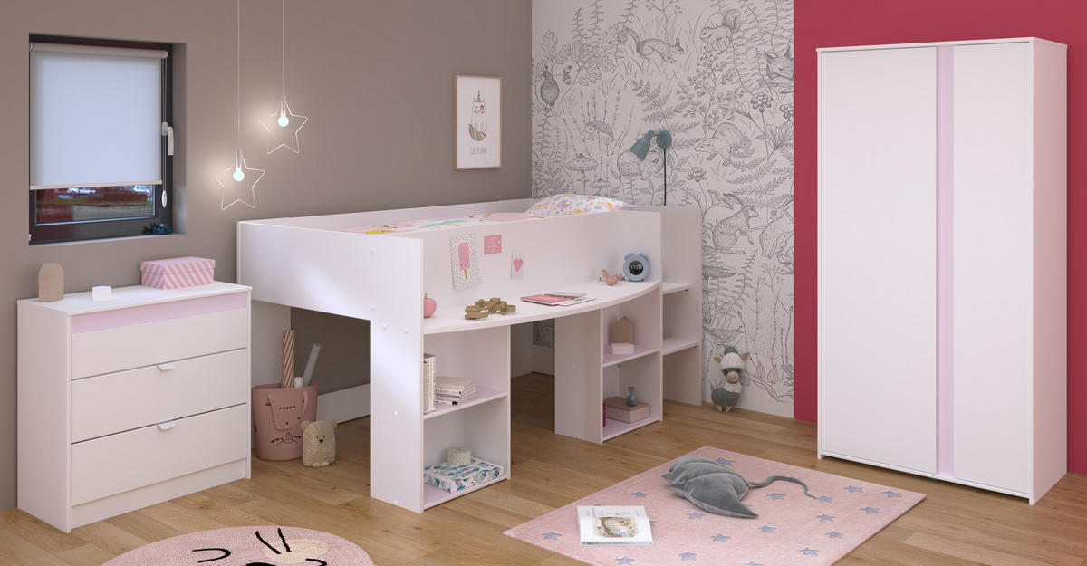 JUGENDZIMMER Pirouette 12 in Weiß mit Rosa oder Kieselgrau 3 teilig mit Hochbett - Weiß, Holzwerkstoff (120/200/80cm)