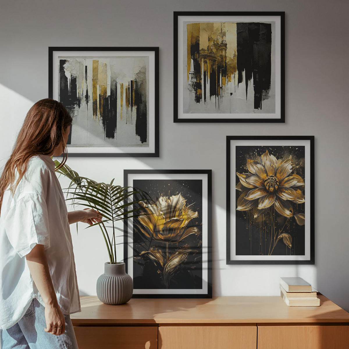 BILDER SET 4er Set - 50x50 cm & 40x60 cm Schwarzer Rahmen - Stilvolle moderne Blumen - Schwarz, Kunststoff (50/50cm) - TULUP