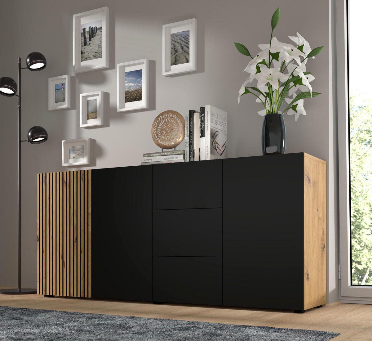 SIDEBOARD AURIS Beige, Schwarz 180x42x82 cm - Beige/Schwarz, Holzwerkstoff (180/82/42cm) - FURNLUX