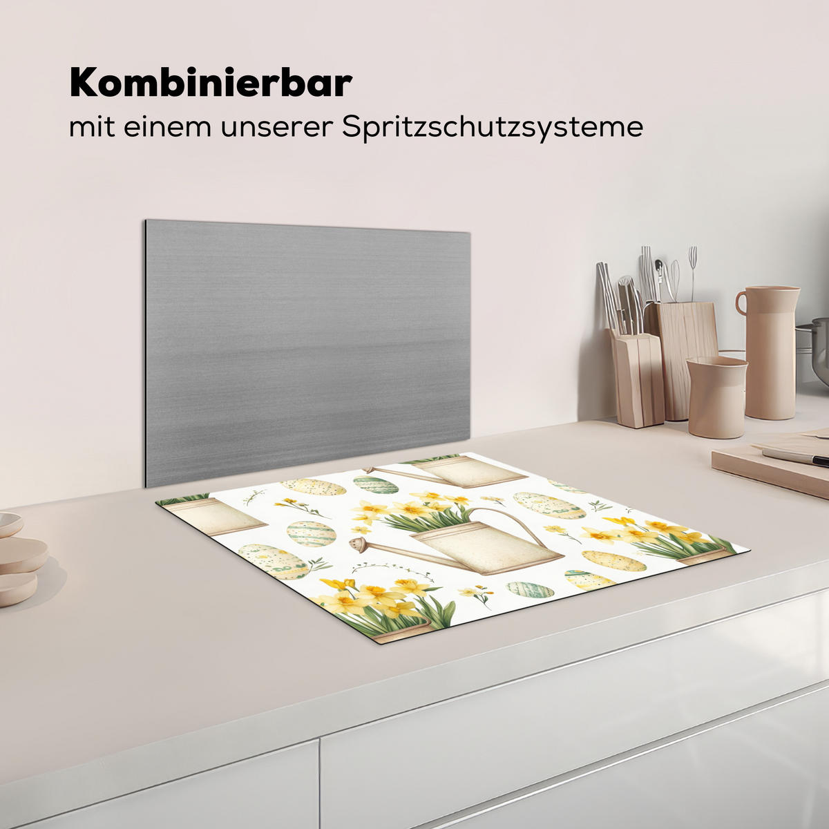 HERDABDECKPLATTE Gießkanne - Blumen - Eier Abdeckung Ceranfeld 58.3x51.3 cm - Weiß, Kunststoff (58.3/51.3/0.2cm) - MuchoWow