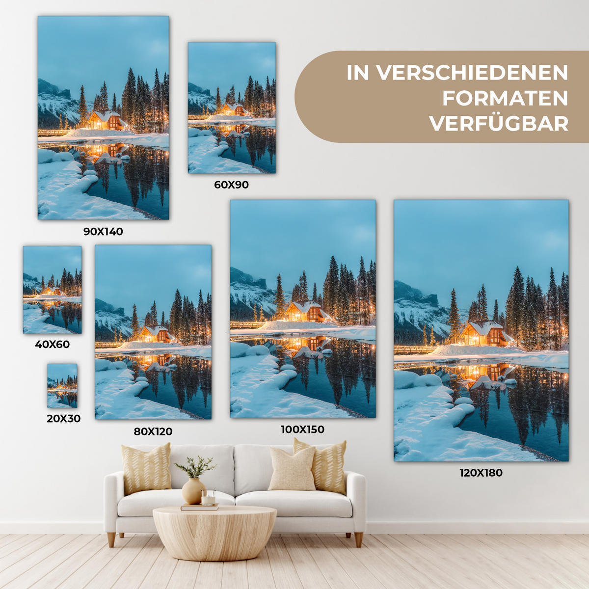 LEINWANDBILD Winterlandschaft - Natur - Haus - Berge - Schnee 80x120 cm - Hellblau, Textil (80/120cm) - MuchoWow