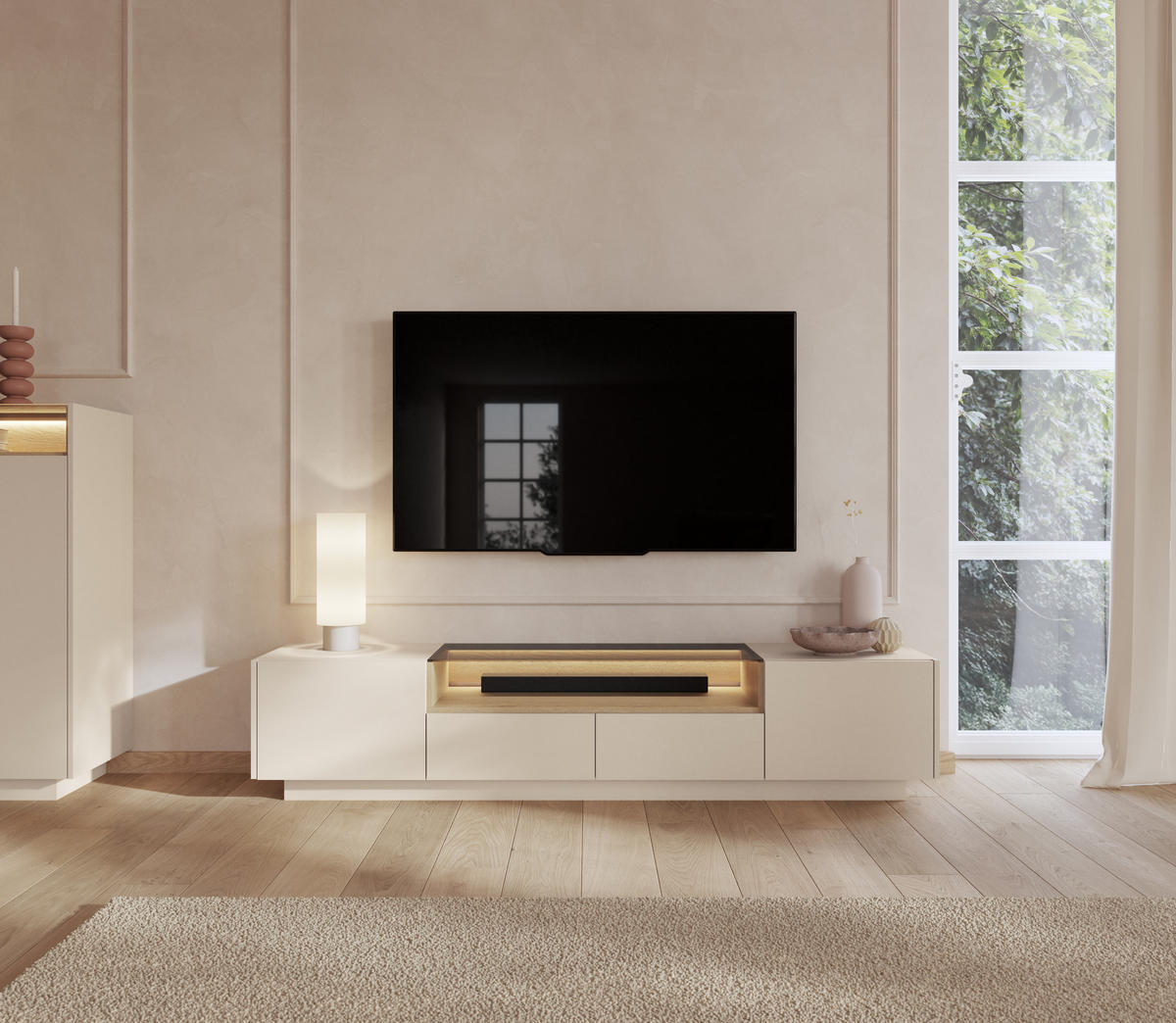 TV-SCHRANK: beige + cremona Eiche, 203 x 43,4 x 39,5 cm - Beige, Holzwerkstoff (203/43.4/39.5cm) - 3XE LIVING