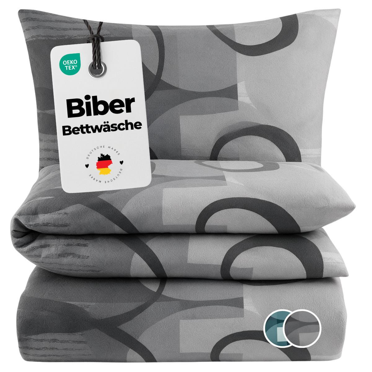 BIBER-BETTWÄSCHE 135x200 - Kuschelig warmer Flanell Bettbezug aus 100% Baumwolle für Herbst & Winter - Kreis Muster Grau - Grau, Textil (135/200cm) - Carpe Sonno