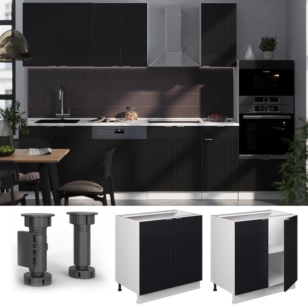 SPÜLENUNTERSCHRANK Fame-Line, Schwarz gestreift, 80 cm mit Regal, AP Eiche - Schwarz/Weiß, Holzwerkstoff (80/82/60cm) - Vicco