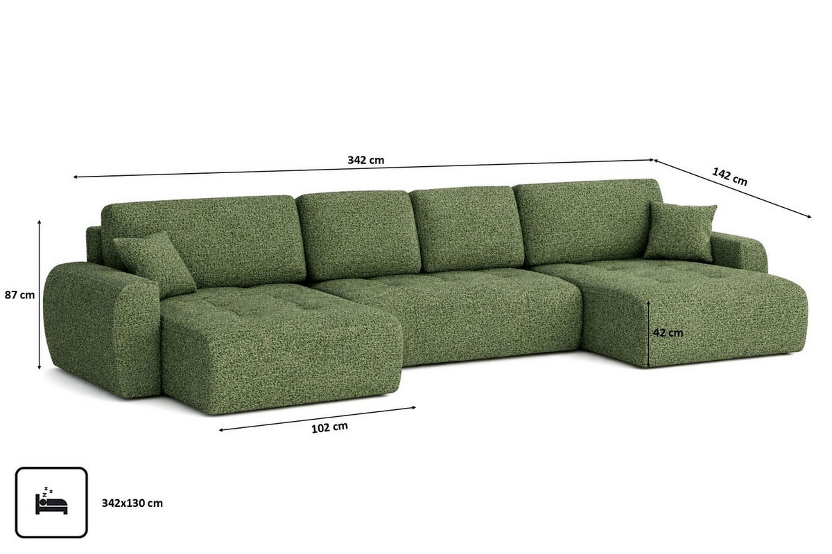 ECKSOFA Mit Schlaffunktion Und Bettkasten U-Form Ivo U, Chenillestoff Artico, Moss - Grün, Holz (342/142cm) - Kaiser Möbel