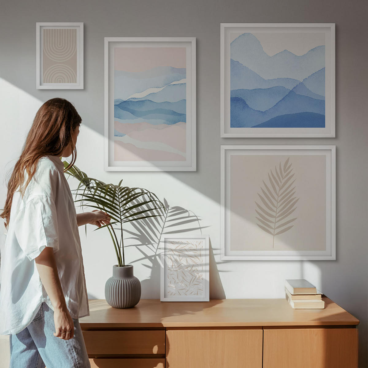 WANDBILDER 5er-Set - 50x50 cm & 20x30 cm & 40x60 cm Weißer Rahmen - Blätterwellen beige blau - Weiß, Kunststoff (40/60cm) - ArtPrintCave