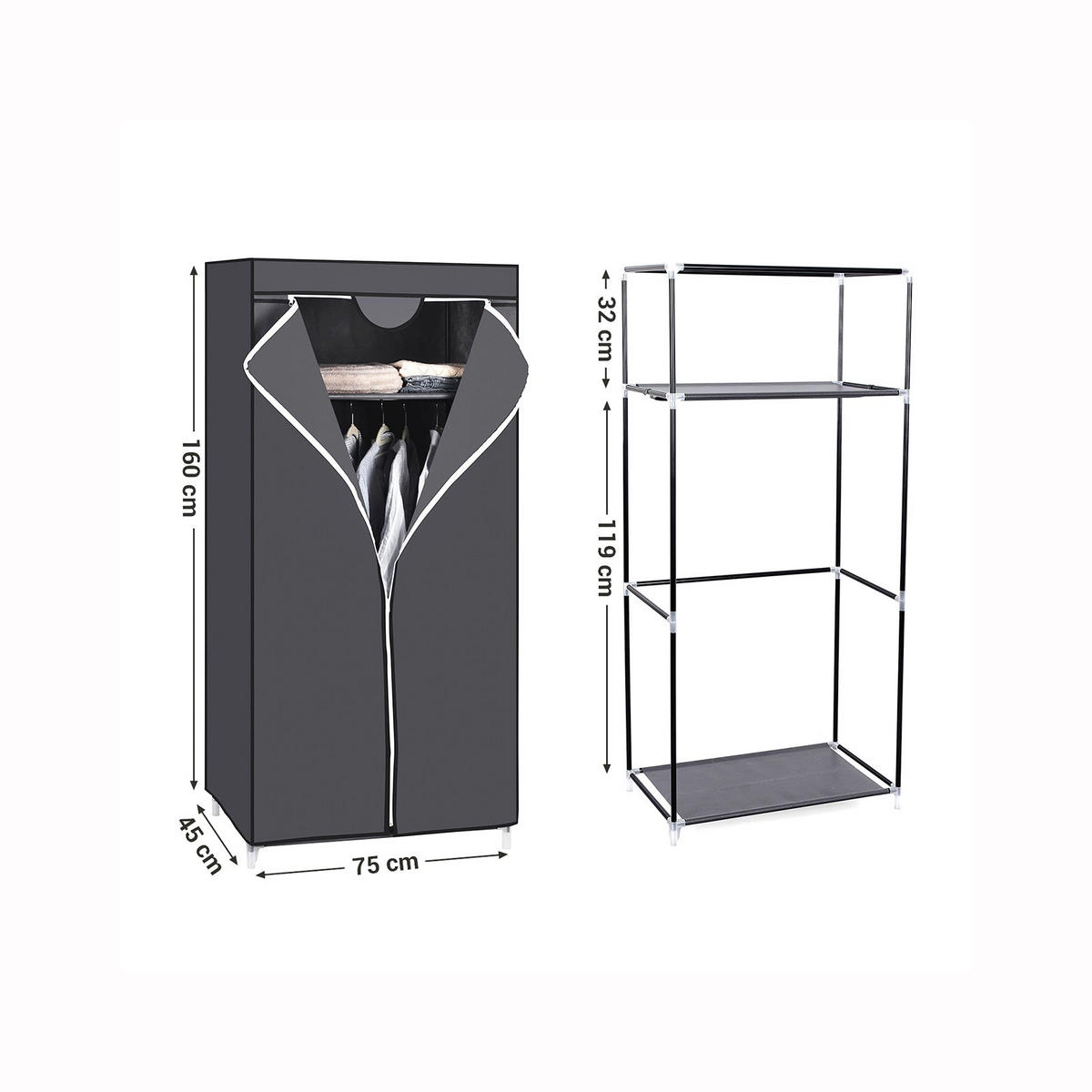 STOFFSCHRANK KLEIDERSCHRANK - Grau, Textil (45/75cm) - Hansiro