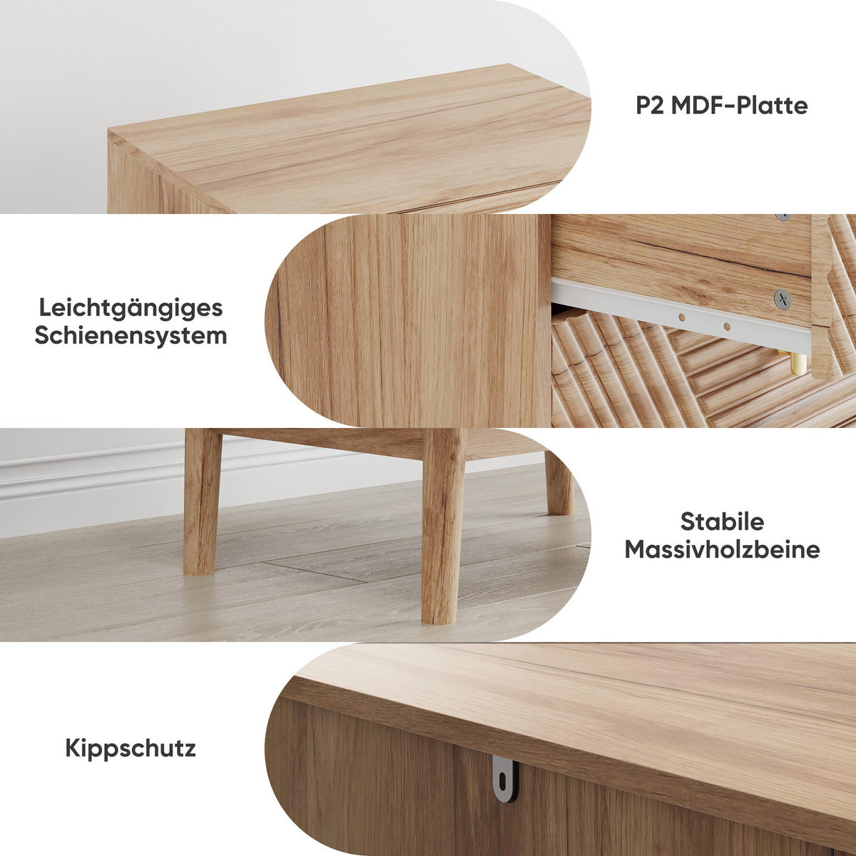 SIDEBOARD 60 cm Eiche – Schubladenschrank mit 4 Schubladen & Holzbeinen Modern - Eichefarben, Holzwerkstoff (60/90/40cm) - Urban Meuble