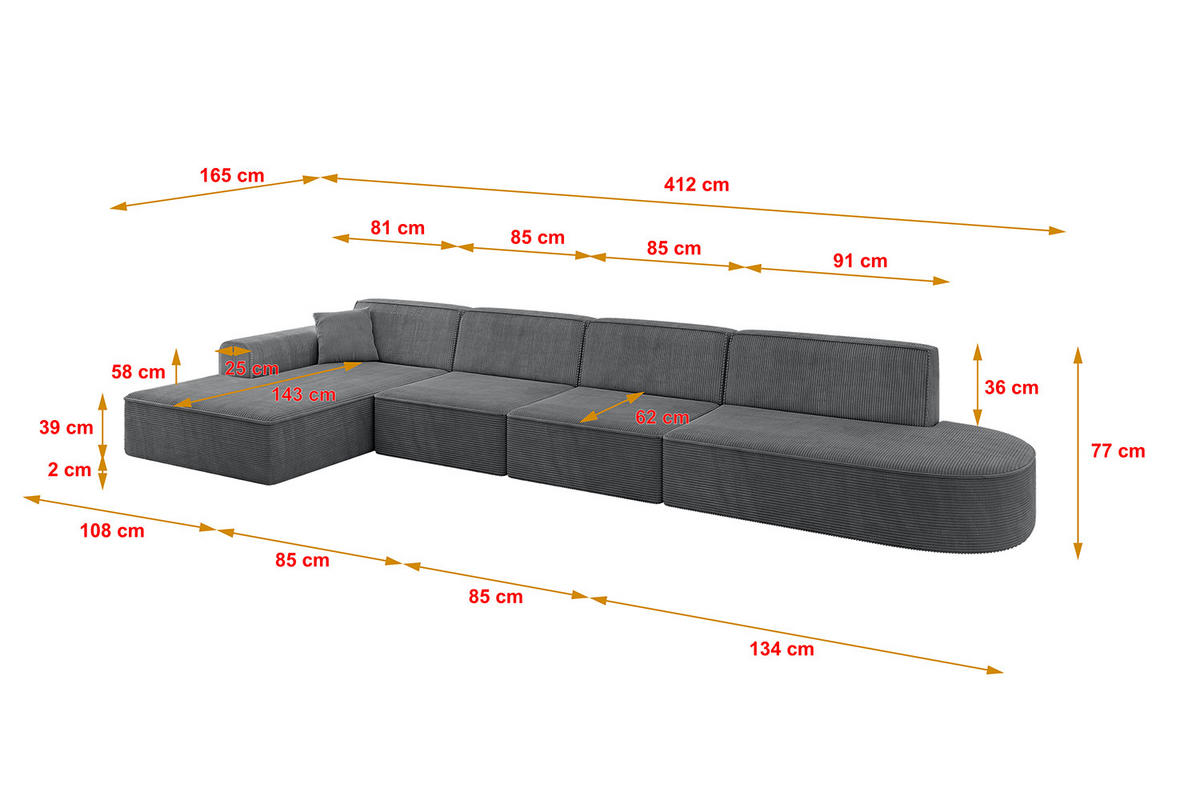 ECKSOFA Ottomane Links IREA-L3-v3 - 412x165x77 cm Duneklgrau - Dunkelgrau, Holzwerkstoff/Textil (412/165cm) - ALTDECOR