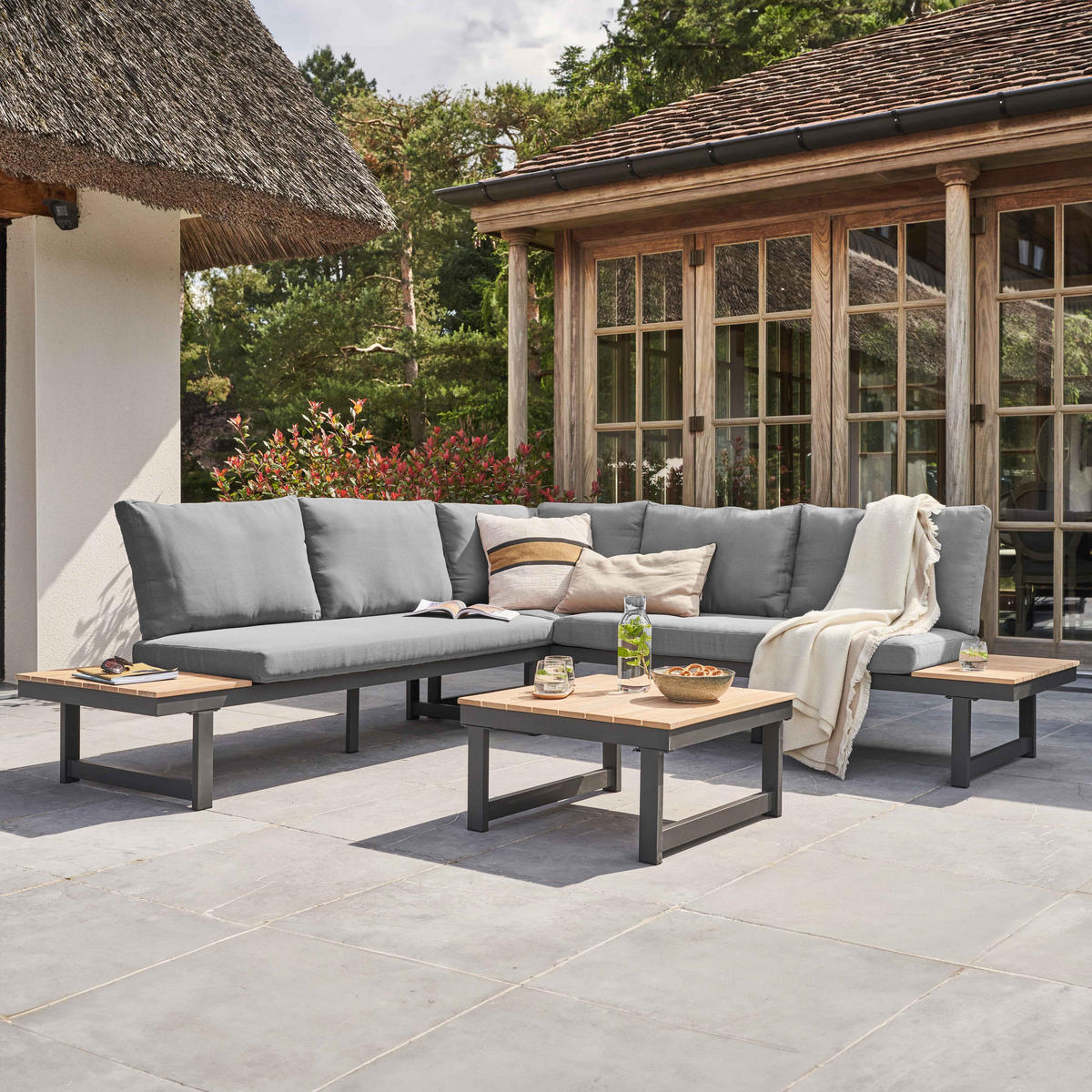GARTEN-LOUNGEGARNITUR 6-Sitzer, Grau - Grau, Holz - Oviala