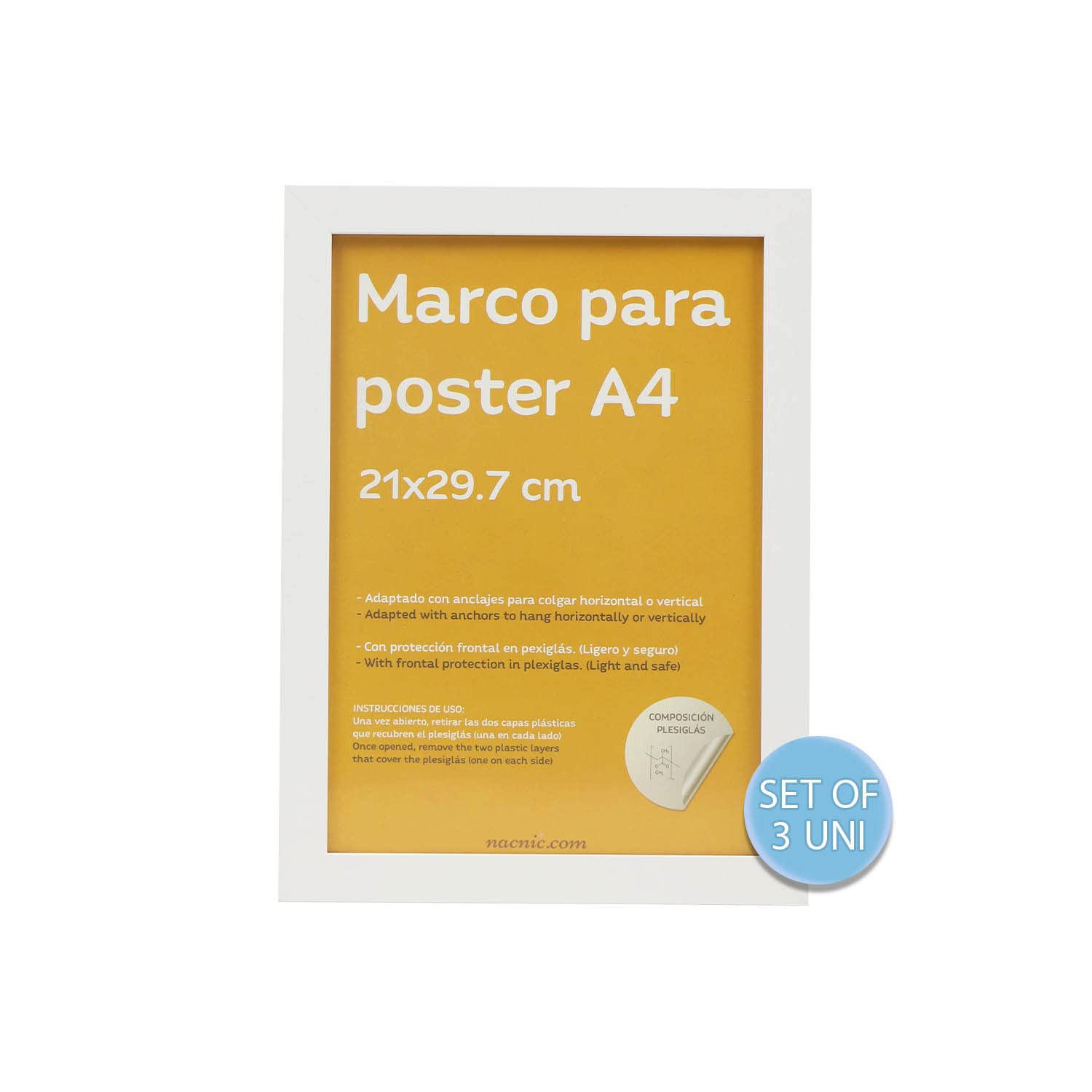 RAHMEN Set mit 3 aus MDF und Acrylglas Schutz und Aussteller für Fotografien, Bilder, Poster, Gemälde, Dekoration für Haus Farbe Weiß A4 - Weiß, Holz (21/3/29.7cm) - Nacnic