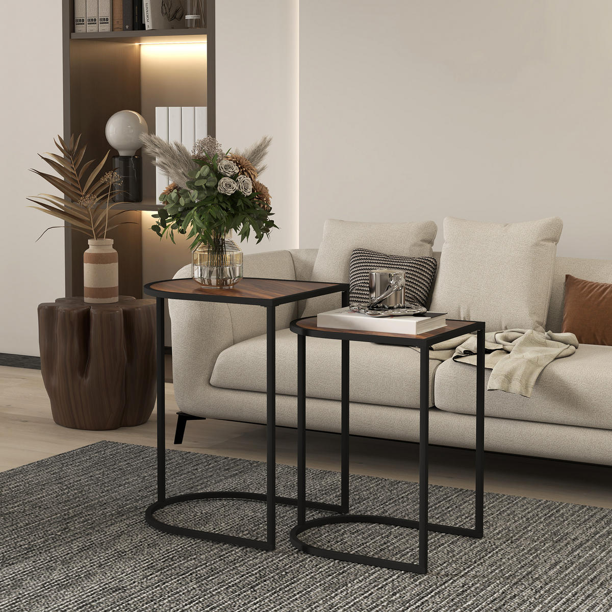 COUCHTISCH 2er-Set, Stahlgestell, Braun+Schwarz - Braun, Holzwerkstoff (38/45/58cm) - HOMCOM