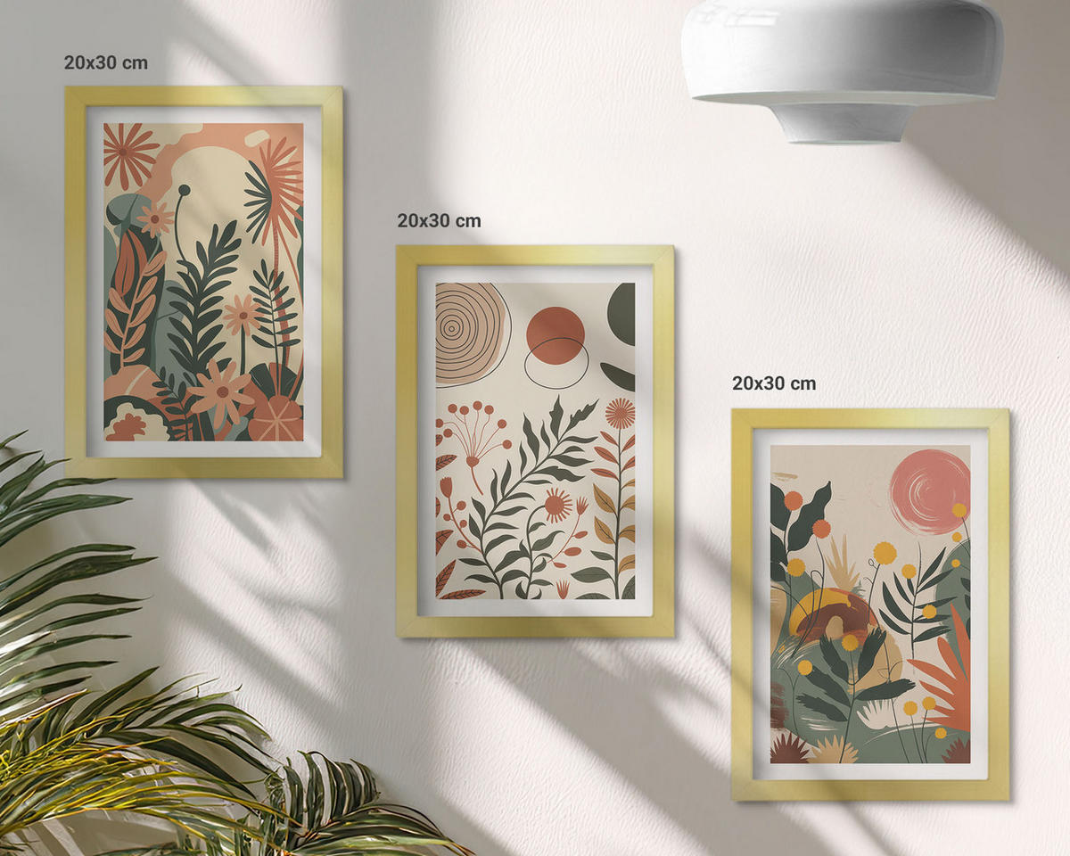WANDBILDER 3er Set - 20x30 cm Goldrahmen - Vintage-Pflanzenmuster in Pastellfarben - Goldfarben, Kunststoff (20/30cm) - ArtPrintCave