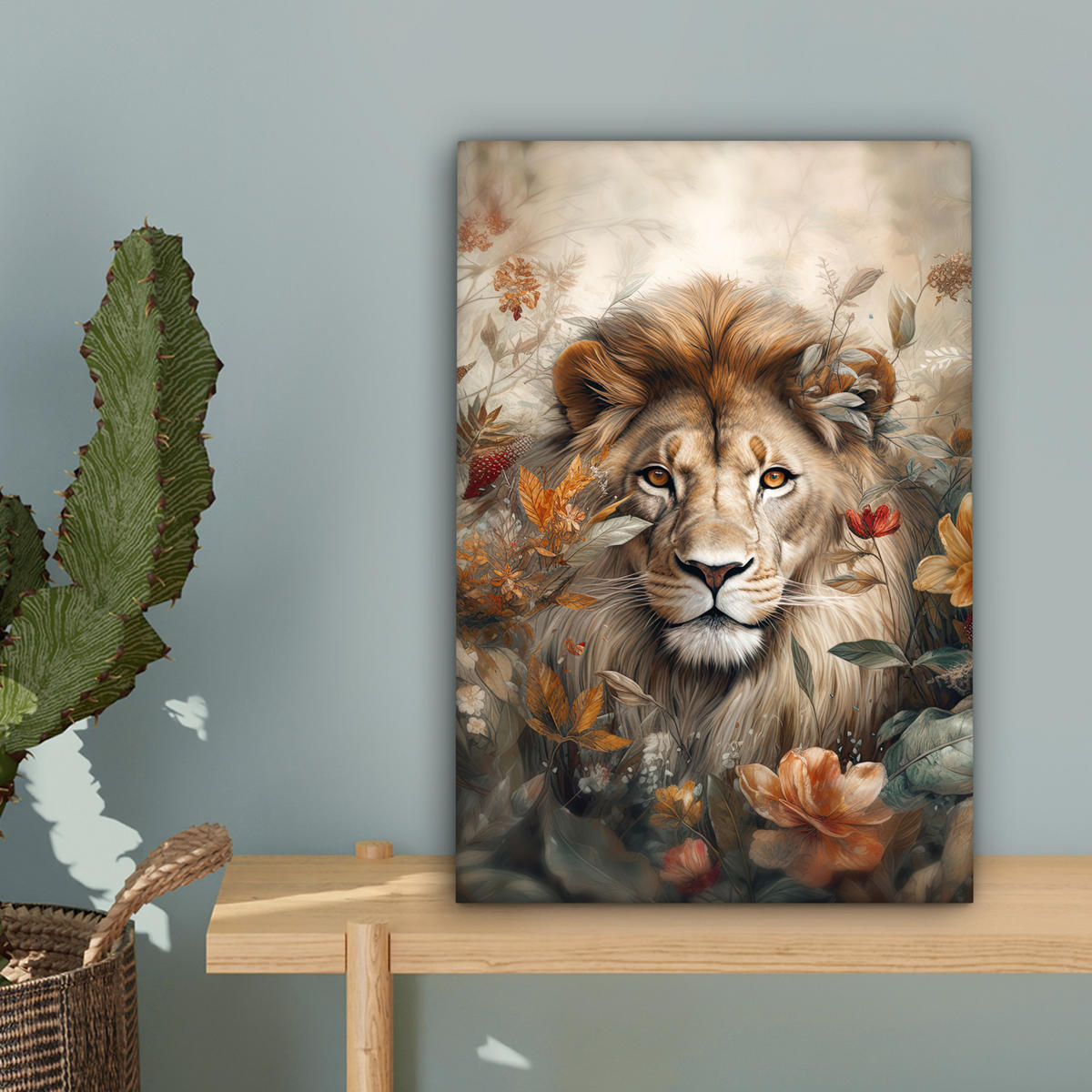 LEINWANDBILD Löwe - Wildtiere - Pflanzen - Natur - Blumen 20x30 cm - Beige, Textil (20/30cm) - MuchoWow