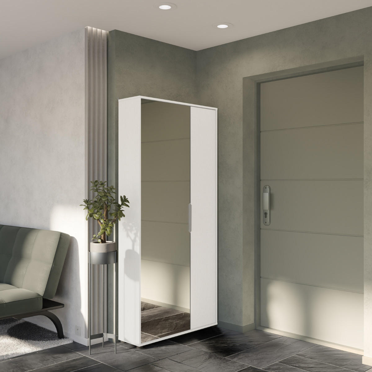 SCHUHSCHRANK 2 türen und 1 spiegel - ebony 82,8/23,9/178,4 cm - Weiß, Holzwerkstoff (23.9/178.4/25.7cm) - Calicosy