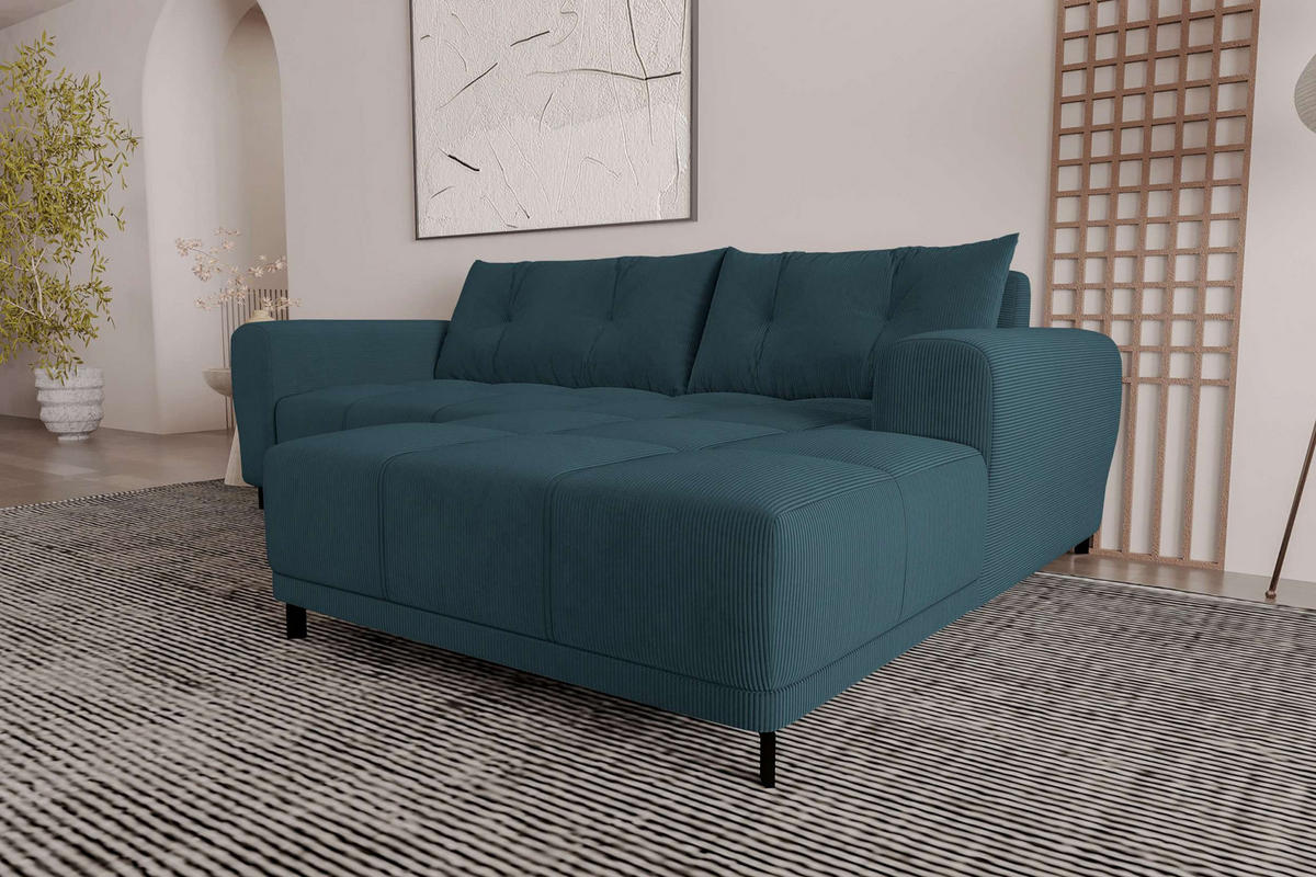 ECKSOFA Massimo Cordstoff Blau inkl. Schlaffunktion Rechts - Blau/Schwarz, Textil/Metall (246/177cm) - 99rooms