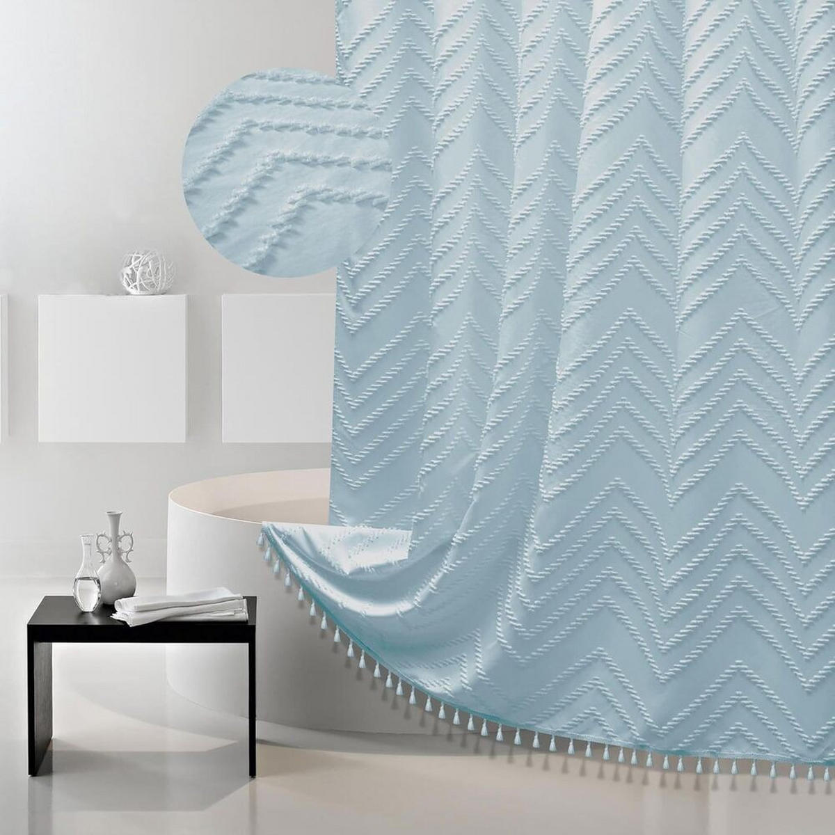 DUSCHVORHANG, Blau, „W“-Muster, 183 x 152 cm, Polyester - Blau, Textil (152/183cm) - Authentics