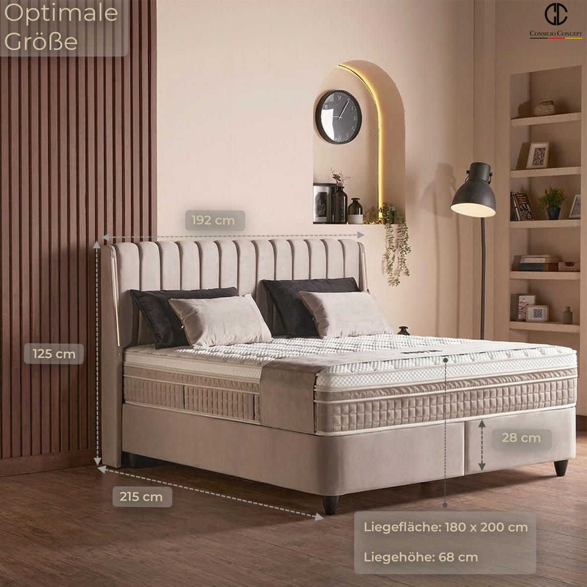 BOXSPRINGBETT MIT BETTKASTEN BRISE 180/200 cm, Greige, Bettkasten, Matratze, Topper integriert, H3 mittel 7-Zonen Matratze - Greige/Schwarz, Holz/Kunststoff (180/200cm) - Consilio Concept