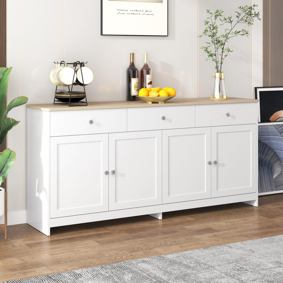 SIDEBOARD 160cm, mit 3 Schubladen, 4 Türen, 2 verstellbaren Regalböden, Küchenschrank, Weiß - Weiß, Holzwerkstoff (160/37/75cm) - Waldena