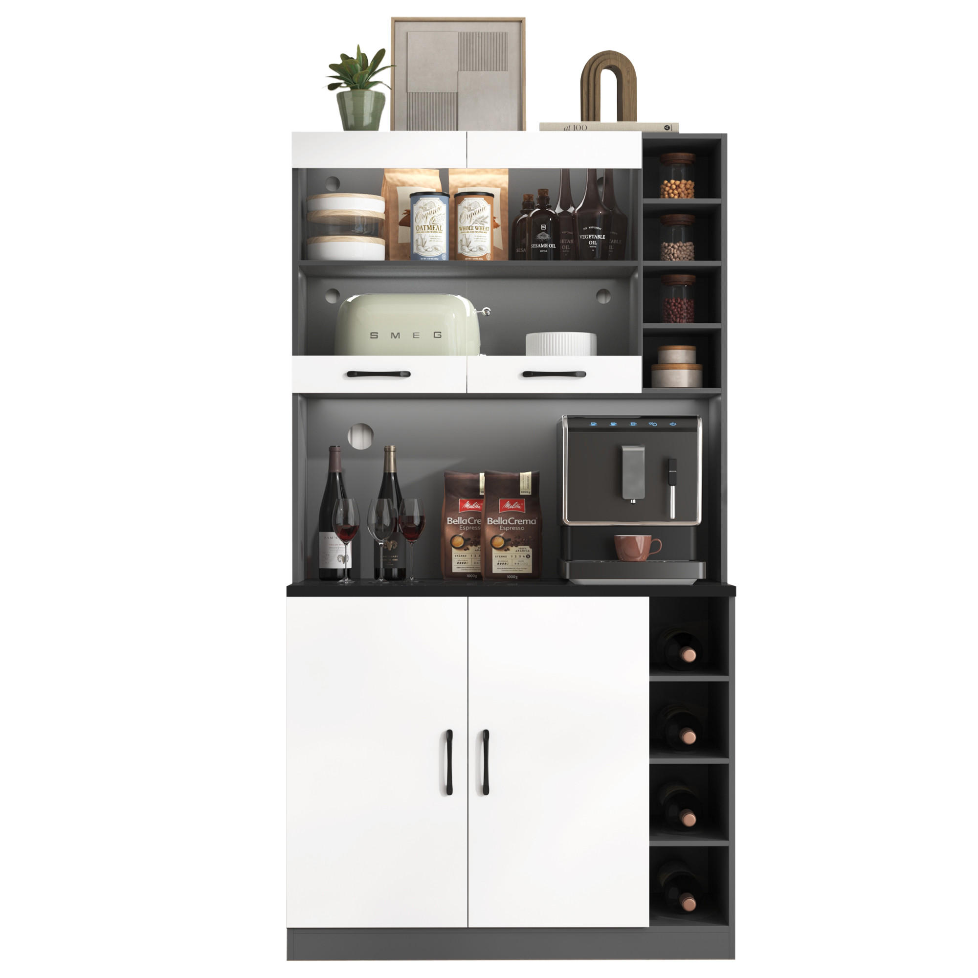 KÜCHENBUFFET mit 2 Türen, LED-Beleuchtung und Glaselementen, 100 x 47 x 187 cm, Weiß/Grau, MDF - Weiß, Holzwerkstoff (100/187/47cm) - SONNENH