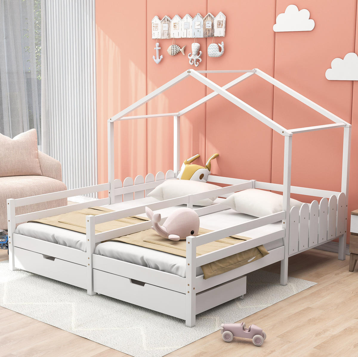HAUSBETT aus Kiefer und MDF 200x90 cm Weiß mit 2 Schubladen, Schutzgitter und geteiltem Hausbett-Design - Weiß, Holzwerkstoff (90/200cm) - Modfu
