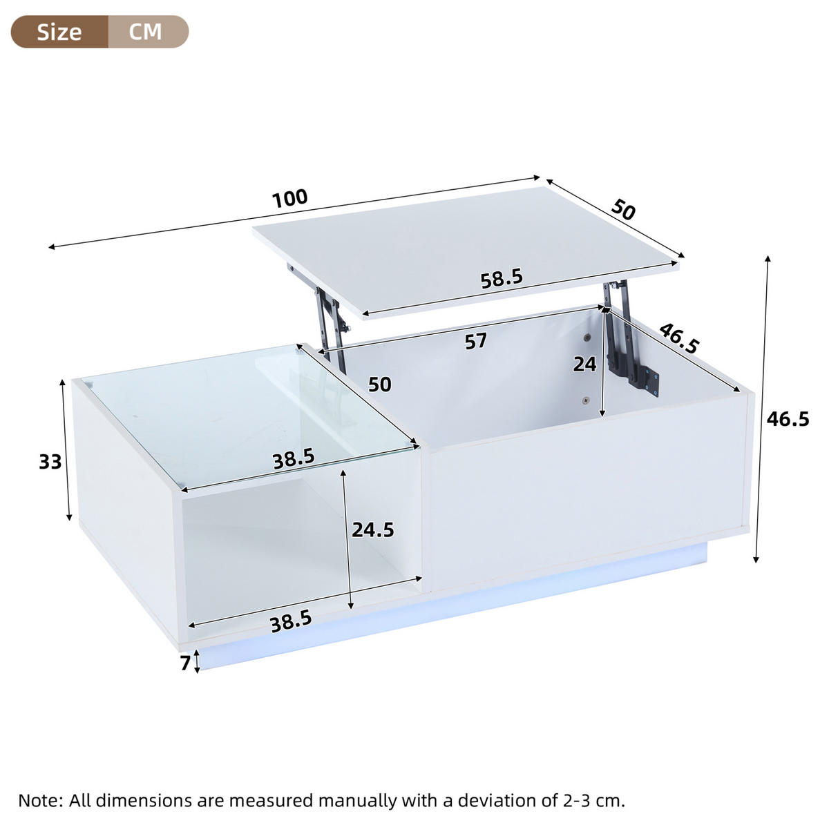 COUCHTISCH 100/50/33-46,5 cm in Weiß mit LED-Beleuchtung und Stauraum - Weiß, Holzwerkstoff (100/50/46.5cm) - Flora Grace