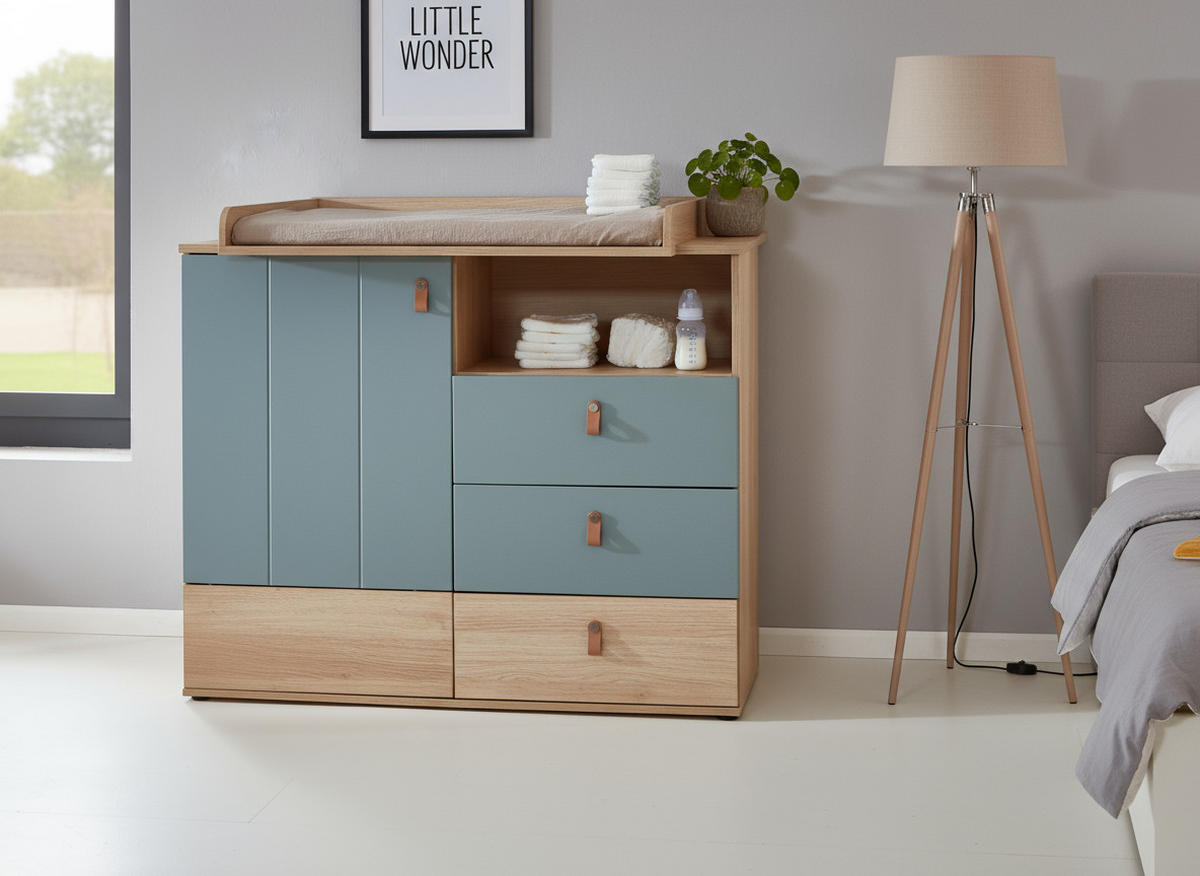 WICKELKOMMODE Roofy - Salbeigrün/Eichefarben, Leder/Holzwerkstoff (101/102/77cm) - arthur berndt